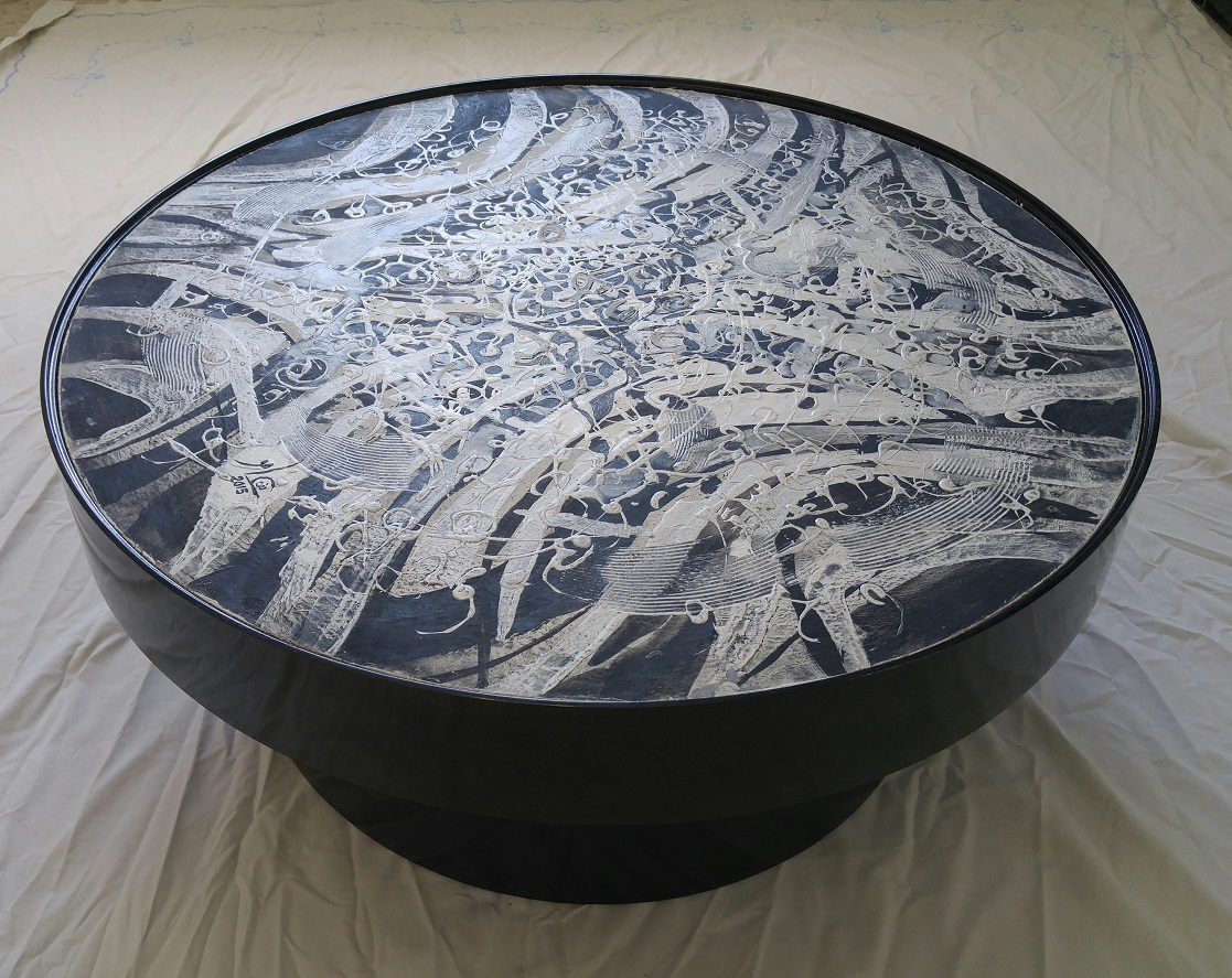 Table basse-peinture3. Tecnique mixte sur bois . Diam, 80cm. 2015